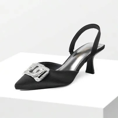 Rhinestone Buckle Pointed Toe Kitten Heels Slingback Pumps Satin Heeled Mules by Dream Pairs