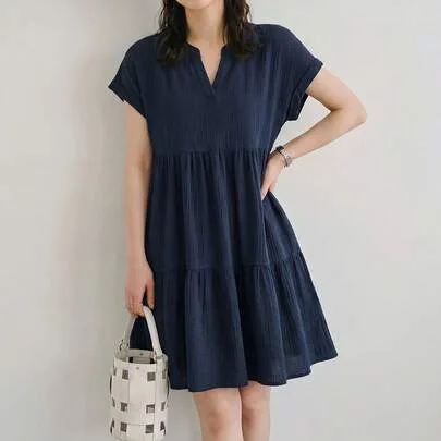 Solid Color V-Neck Ruffle Hem Short Sleeve Casual Dress by SHEIN