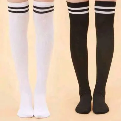 Black & White Striped Thigh High Socks Over-The-Knee Socks by SHEIN