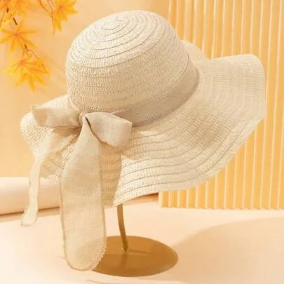 Wave Striped Bow Straw Sun Hat by SHEIN