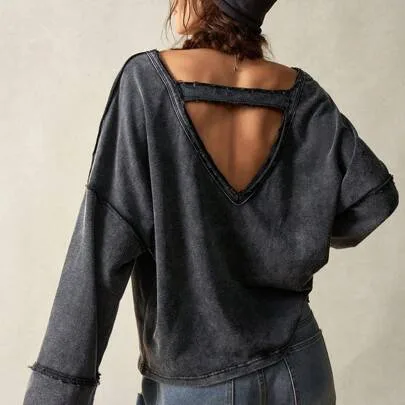 Solid Color V-Neck Backless Loose Flare Sleeve Sweatshirt by Bohemela