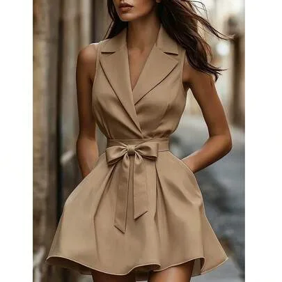 Waist-Cinched Sleeveless Suit Dress by SHEIN