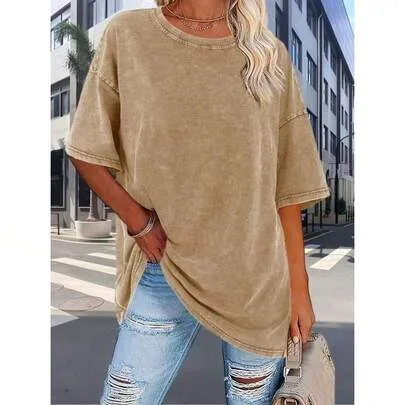 230g Retro Washed 100% Pure Cotton Loose Fit Round-Neck T-Shirt by SHEIN