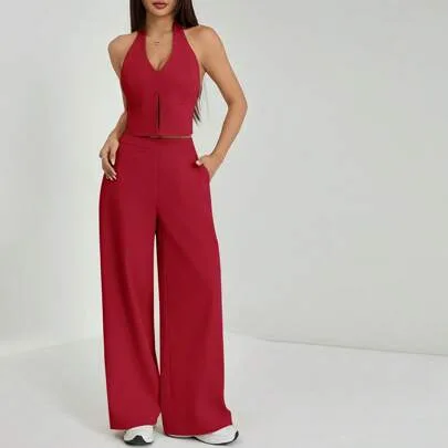 V-Neck Sleeveless Open Back Top & Wide Leg Pants Set by SHEIN