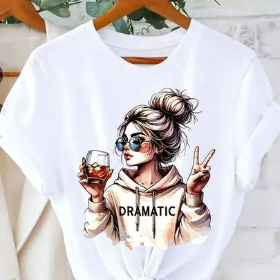 "Dramatic" Printed Crew Neck Short-Sleeved T-Shirt by SHEIN