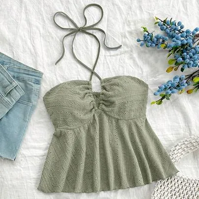 V-Neck Textured Halter Neck Tank Top No Chest Padding by Soleia
