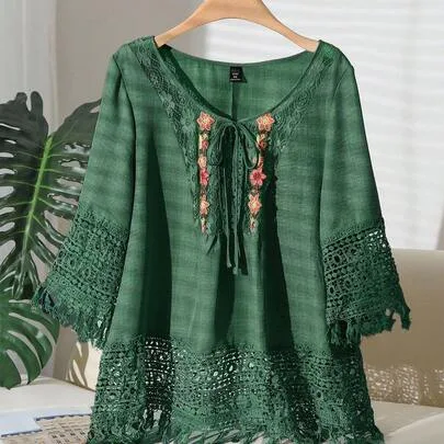 Floral Embroidery Contrast Lace Tie Front Loose Blouse by CosyJoli