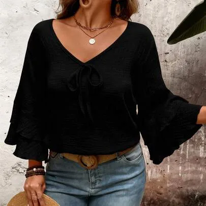 Casual Loose Textured Flare Double Layer Sleeve Shirt by SHEIN