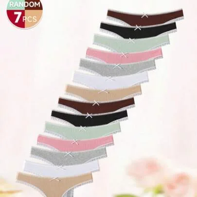 7pcs Multi-Color Lace Thong Underwear String Panties with Bow & Lace Trim by SHEIN