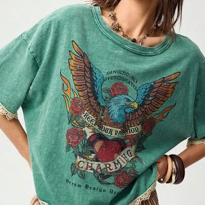 Floral Print Lace Patchwork Casual Vintage T-Shirt by Bohemela