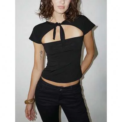 Y2K Tie Up Front Cutout Cap Sleeve Slim Fit Crop Top by SHEIN