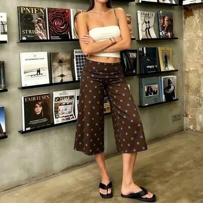 Polka Dot Fold-Over Waist Culotte High Waisted Wide Leg Capri Trousers by Giufajk