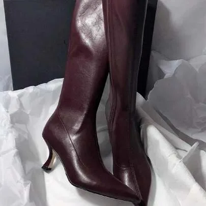 Korean Style Minimalist Over-The-Knee Elastic Suede Slim Thigh High Pointed Toe High Heel Boots with Side Zipper by SHEIN