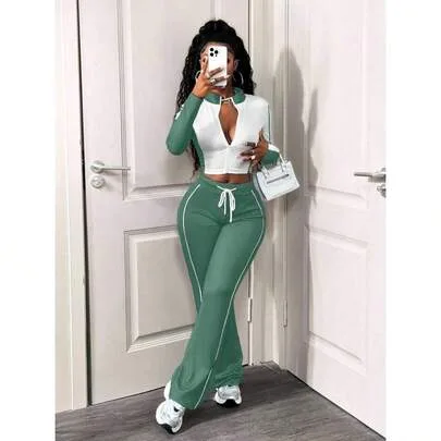 Color Block Long Sleeve Zip-Up Jacket and Drawstring Pants 2-Piece Set by SHEIN