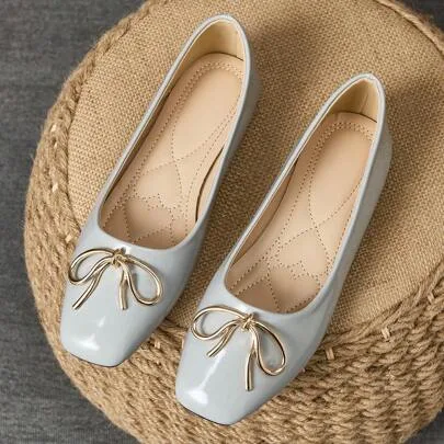 Square Toe Metal Bow Knot Soft Bottom Slip-On Flat Shoes by WHDXY
