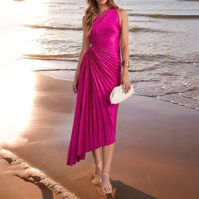 One Shoulder Asymmetric Satin High Slit Maxi Dress by SHEIN