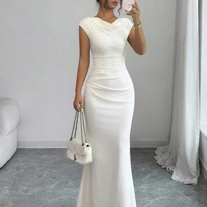 Asymmetrical One-Shoulder Lace Patchwork Waist-Cinched Long Mermaid Dress by SHEIN