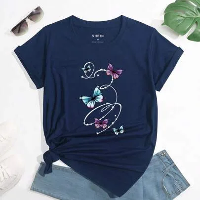 Butterfly and Geo Print Graphic Tee by INAWLY