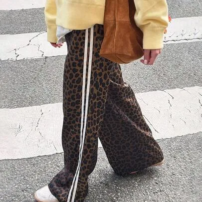 Satin Ombre Straight Leg Pants Leopard Print Side Stripe Contrast Color Wide Leg Pants by Rikumo