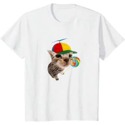 Silly Cat with Lollipop Meme Cotton Graphic T-Shirt by SHEIN