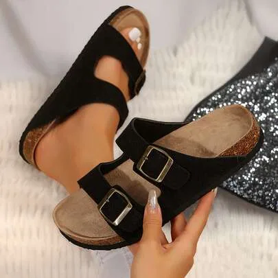 Comfort Straps Slip on Adjustable Buckle Cork Footbed Sandals by SHEIN