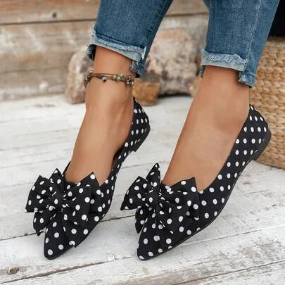 Polka Dot Bow Pointed Toe Slip-On Flat Shoes by SHEIN