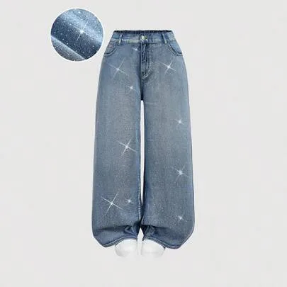 Rhinestone Pocket Wide Leg Loose Casual Jeans by SHEIN