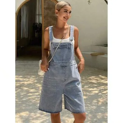 Distressed Solid Color Casual Denim Bib Overalls by SHEIN