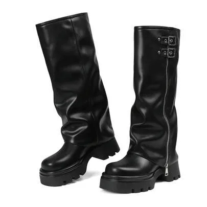 Platform Knee High Sharks Boots Fold Over Motorcycle Boots Ruched Slouchy Round Toe with Buckle Design Shoes by SHEIN