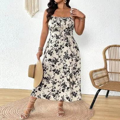 Floral Allover Print Split Hem Cami Dress by Embrisa