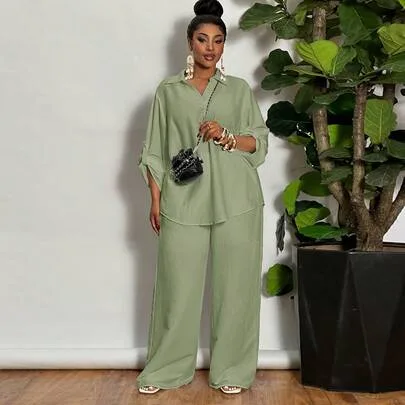 Solid Cuffed Sleeves Shirt & Wide Leg Pants 2pcs Casual Suit