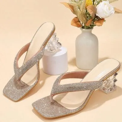 Rhinestone Decor Toe Post Design Sculptural Heeled Thong Sandals by Glamine