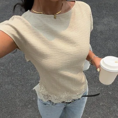 Short Sleeve Cropped Backless Blouse with Lace Trim by Siren Gaze