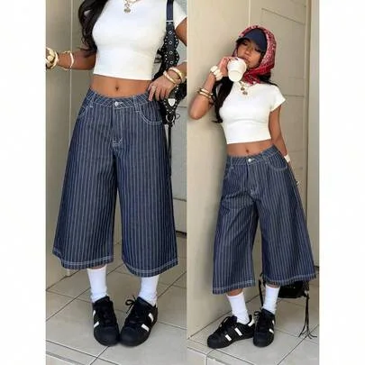 Striped Low Waist Wide Leg 7/8 Jeans by SHEIN