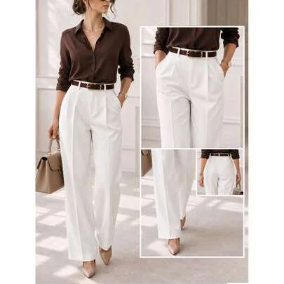 High-Waisted Pleated Straight Leg Pants with Pockets by SHEIN