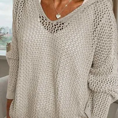 Hollow Hooded V-Neck Long Sleeve Loose Knit Top by SHEIN