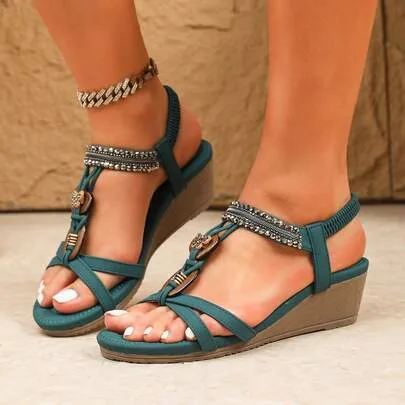 Diamond-Embellished Bohemian-Style Slip-On Wedge Sandals Platform by SHEIN