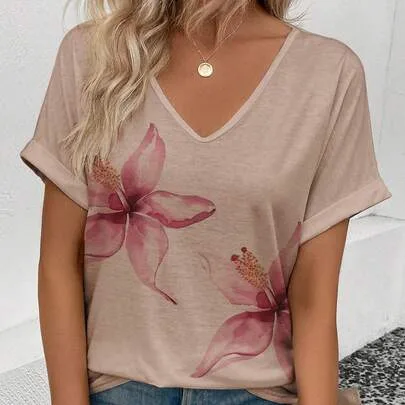 Floral Print V-Neck Rolled Short Sleeve T-Shirt by EMERY ROSE