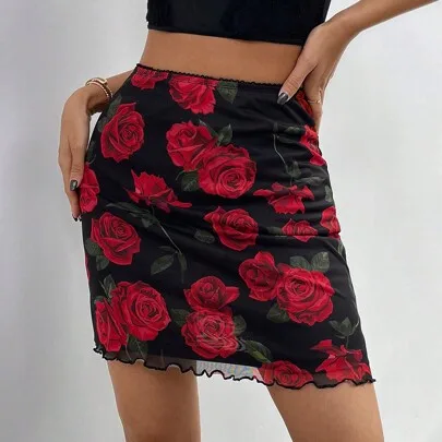 Mesh Printed Tight High Waisted Skirt by SHEIN