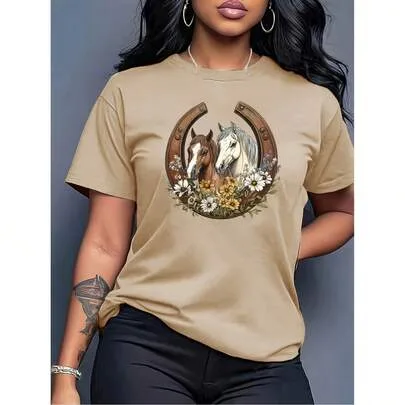 Floral and Horse Pattern Round Neck T-Shirt by SHEIN