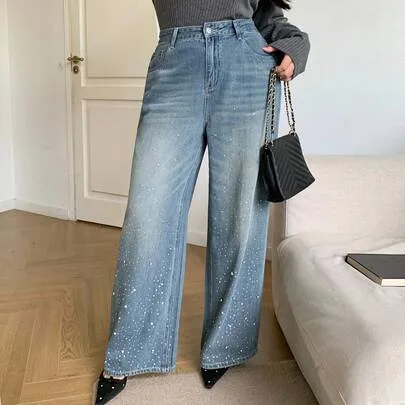 Valentine Sequin & Rhinestone Decor Loose Straight Leg Long Jeans by DAZY