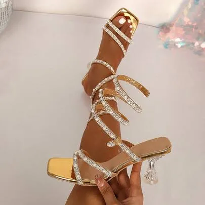 Lace-Up Square Toe Sandals Thin Strap High Heels Pearl & Rhinestone Decor