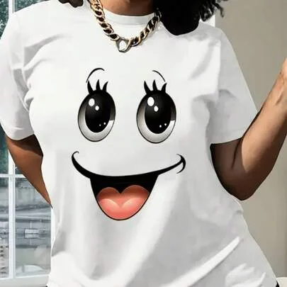 Cute Joyful Face T-Shirt Minimalist Everyday Top with Expressive Eyes & Mouth by SHEIN