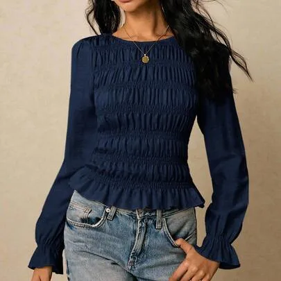 Solid Color Ruffle Pleated Casual Long Sleeve Blouse by PoÃ©selle