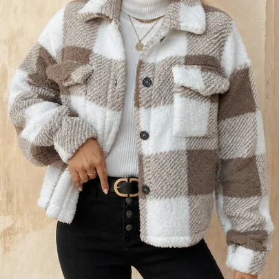 Plaid Lamb Wool Front Pocket Warm Short Coat by EMERY ROSE