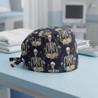 Navy Gothic Scrub Cap Floral Skeleton Anatomical Surgical Hat with Ties Sweatband Adjustable Tie Back Hat by SHEIN