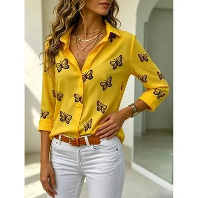 Multi-Color Butterfly Print Loose Collared Blouse by SHEIN