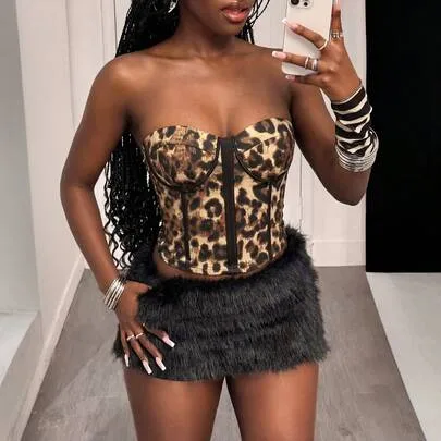 Leopard Print Strapless Corset Crop Top & Fluffy Fuzzy Mini Skirt 2 Piece Outfit by SHEIN
