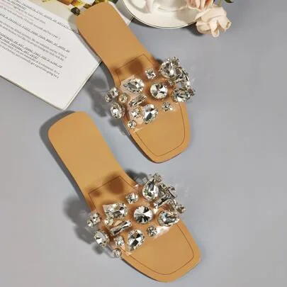 Gemstone Decor Slide Sandals Open Toe Flat by SHEIN
