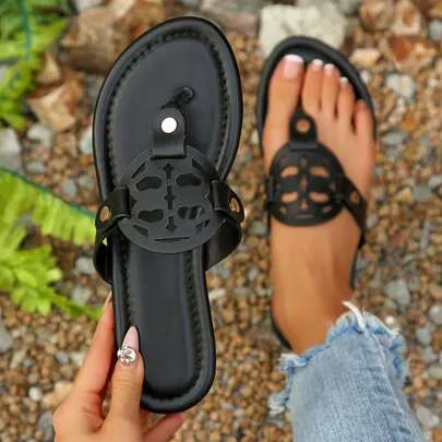 Open Toe Cut Out Studded Slide Sandals Flats by SHEIN